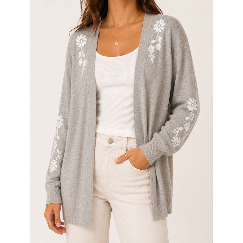 Aaeda XL Heather Oatmeal Floral Embroidered Open Front Cardigan Boho Sweater
